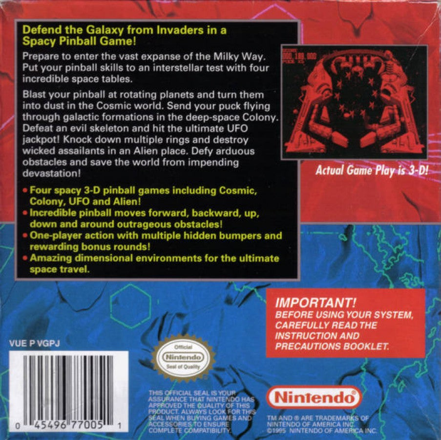 Galactic Pinball Virtual Boy video game, sci-fi themed pinball gameplay, classic Nintendo Virtual Boy title back cover