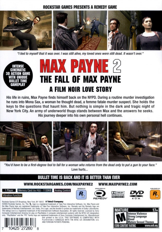 Max Payne 2 The Fall of Max Payne PS2 Sony PlayStation 2 third person shooter bullet time action noir crime thriller story driven gameplay Rockstar Games Remedy Entertainment gun combat cinematic shooting PlayStation 2 software video game title back cover art