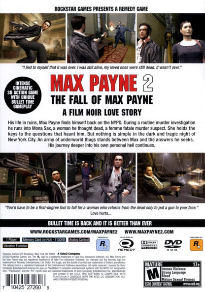 Max Payne 2 The Fall of Max Payne PS2 Sony PlayStation 2 third person shooter bullet time action noir crime thriller story driven gameplay Rockstar Games Remedy Entertainment gun combat cinematic shooting PlayStation 2 software video game title back cover art