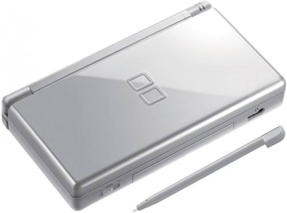 Retro silver Nintendo DS Lite system inspired design featuring sleek dual screen handheld gaming console aesthetic metallic silver finish foldable clamshell design touch screen controls iconic Nintendo portable hardware retro gaming nostalgia presentation closed top 
