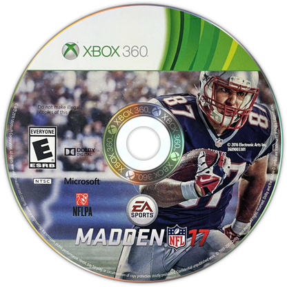 Madden NFL 17 Xbox 360 X360 video game featuring American football sports simulation gameplay NFL teams and players passing plays rushing attacks defensive strategies touchdown scoring quarterback controls play calling franchise mode season competition multiplayer matches realistic football action and classic Xbox 360 sports gaming retro video game collection collectible gaming appeal disc