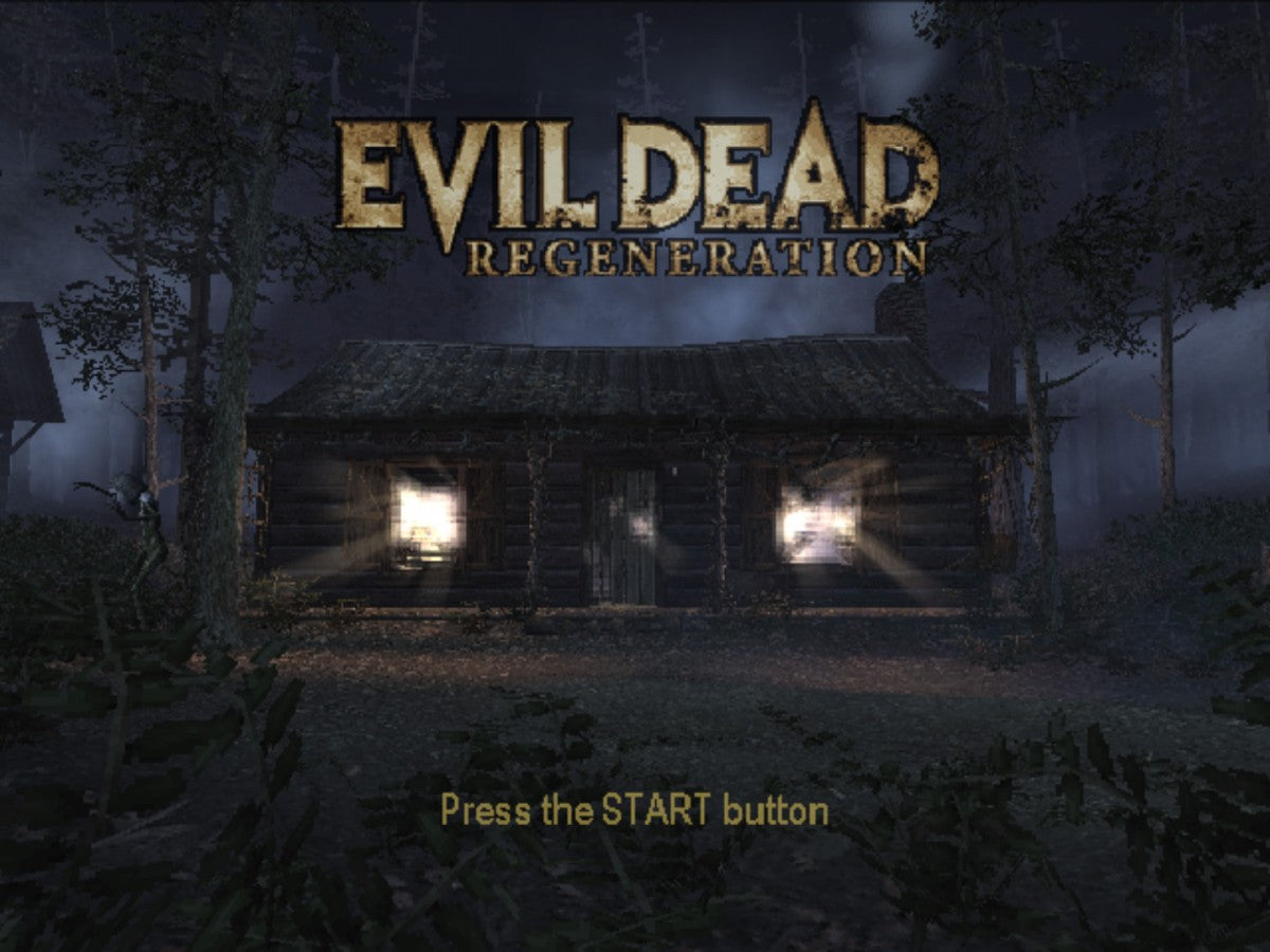 Evil Dead: Regeneration title screen for PlayStation 2 (PS2) horror-themed action-adventure hack-and-slash video game