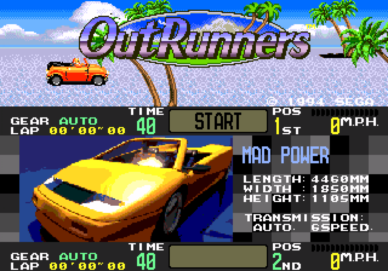 OutRunners Sega Genesis GEN for retro video game enthusiasts featuring arcade racing gameplay high speed driving colorful international tracks branching routes competitive multiplayer action stylish sports cars and collectible gaming appeal gameplay