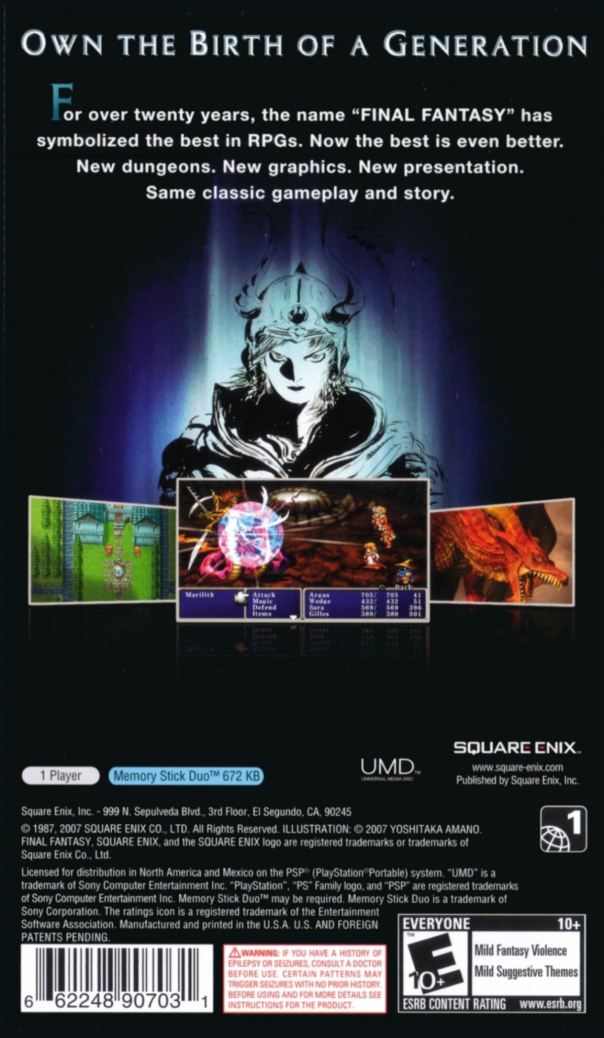 Final Fantasy PSP inspired design featuring classic fantasy role playing adventure aesthetic legendary heroes epic quests turn based combat richly imagined worlds enhanced portable visuals iconic magic systems character progression and timeless JRPG gameplay presentation back cover art