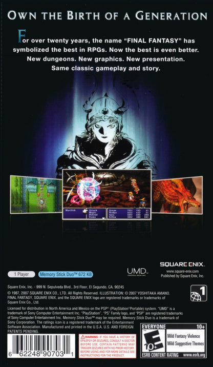 Final Fantasy PSP inspired design featuring classic fantasy role playing adventure aesthetic legendary heroes epic quests turn based combat richly imagined worlds enhanced portable visuals iconic magic systems character progression and timeless JRPG gameplay presentation back cover art