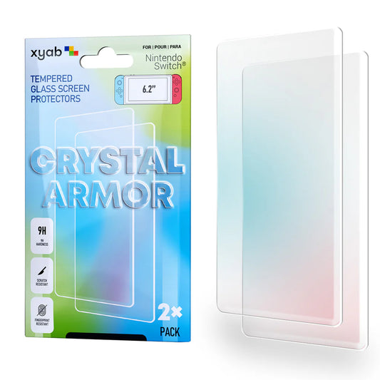 Crystal Armor 2 Pack tempered glass screen protector for Nintendo Switch featuring scratch resistance and high-clarity display protection