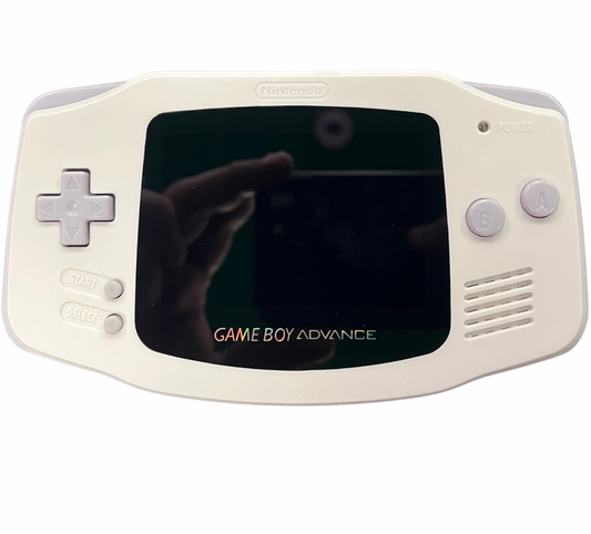 Retro white Game Boy Advance IPS mod with USB C charging inspired design featuring custom Nintendo handheld gaming console aesthetic bright white shell backlit IPS display rechargeable battery upgrade modern USB C power retro gaming nostalgia presentation front