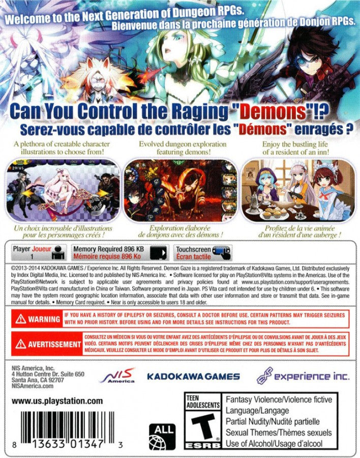 Demon Gaze PlayStation Vita video game, dungeon crawler RPG, dark fantasy adventure, turn-based gameplay, handheld console title back cover