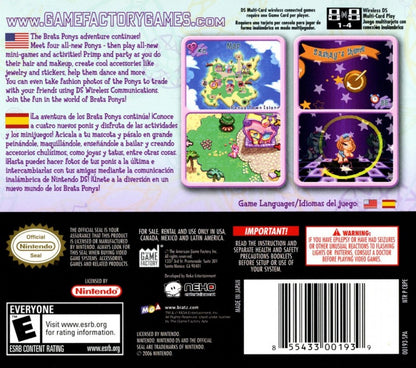 Bratz Ponyz 2 Nintendo DS video game, horse care and adventure gameplay, fashion and exploration, family-friendly handheld console title back cover