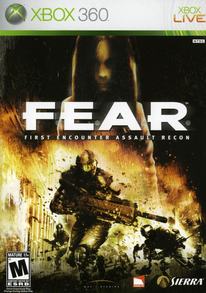 F.E.A.R. First Encounter Assault Recon Xbox 360 video game featuring atmospheric first person shooter gameplay intense horror elements psychic enemy powers tactical bullet time combat immersive single player campaign and award-winning horror-action experience by Monolith Productions. cover