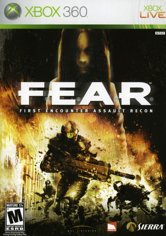 F.E.A.R. First Encounter Assault Recon Xbox 360 video game featuring atmospheric first person shooter gameplay intense horror elements psychic enemy powers tactical bullet time combat immersive single player campaign and award-winning horror-action experience by Monolith Productions. cover