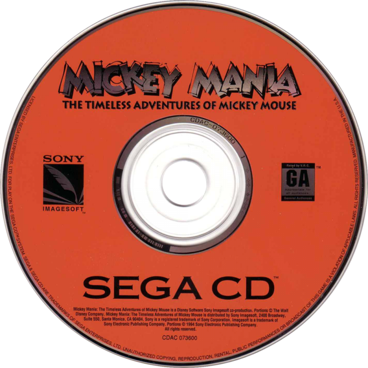 Mickey Mania Sega CD Sega Genesis Disney platformer starring Mickey Mouse animated cartoon inspired levels side scrolling action puzzle platforming enhanced CD audio FMV intro classic Disney gameplay retro gaming Sega CD software video game title disc