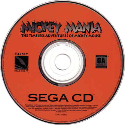 Mickey Mania Sega CD Sega Genesis Disney platformer starring Mickey Mouse animated cartoon inspired levels side scrolling action puzzle platforming enhanced CD audio FMV intro classic Disney gameplay retro gaming Sega CD software video game title disc