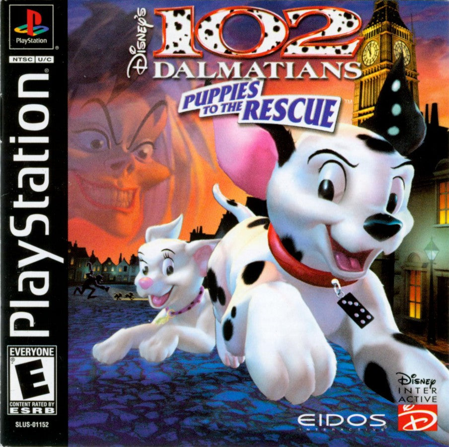 102 Dalmatians Puppies to the Rescue PlayStation 1 PS1 for retro video game enthusiasts featuring action adventure platforming gameplay colorful cartoon worlds puzzle solving collectible items family friendly exploration movie inspired story and collectible gaming appeal cover art 