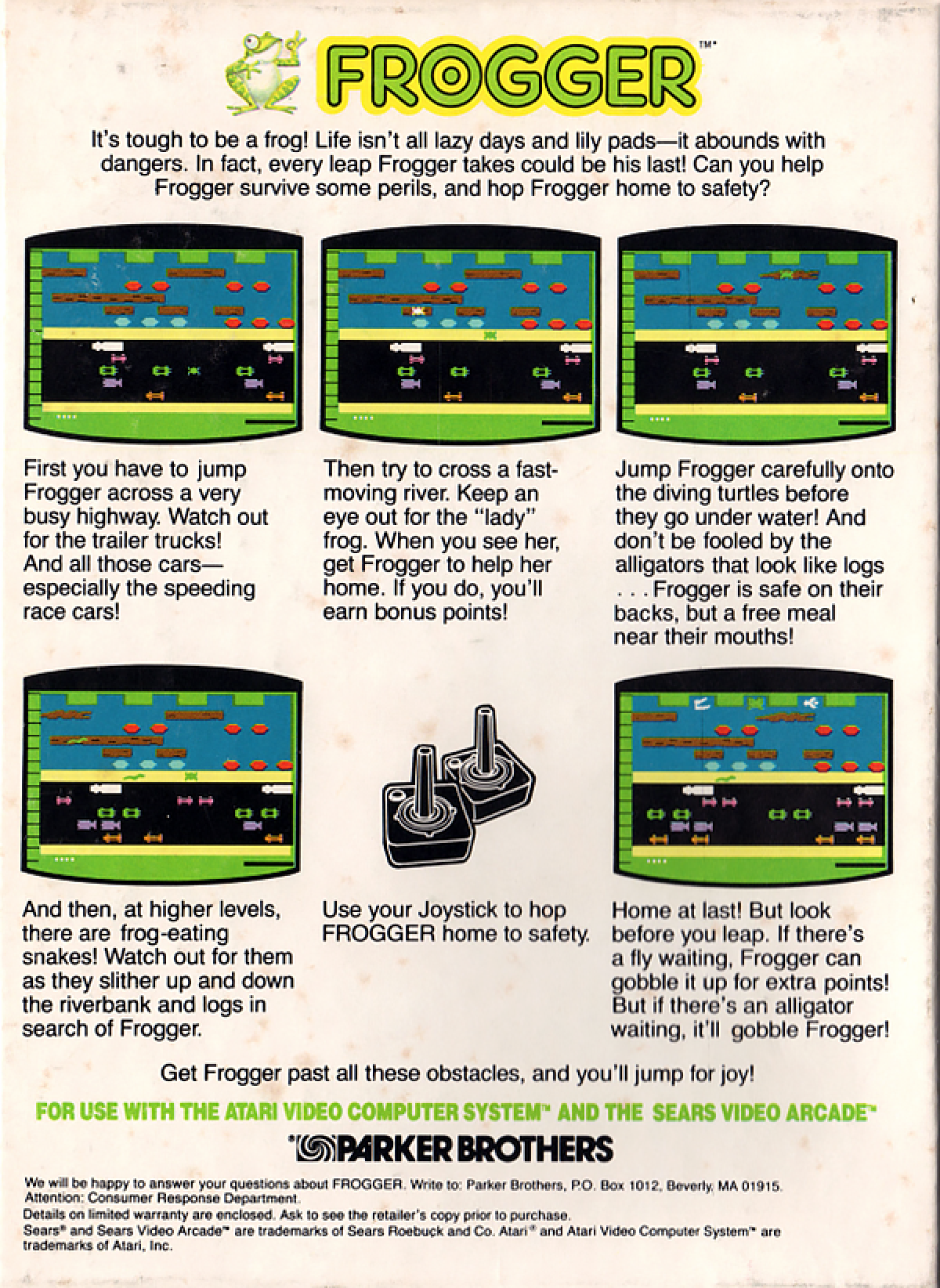 Frogger for Atari 2600, back of case for an arcade action video game with obstacle-dodging gameplay, river crossing challenges, retro reflex-based action, and classic score-chasing fun