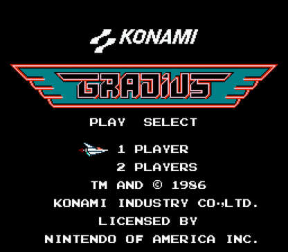 Gradius Nintendo Entertainment System NES video game featuring side scrolling shoot em up gameplay spaceship combat enemy waves power ups boss battles challenging levels and classic 8 bit arcade action retro video game collection collectible gaming appeal gameplay