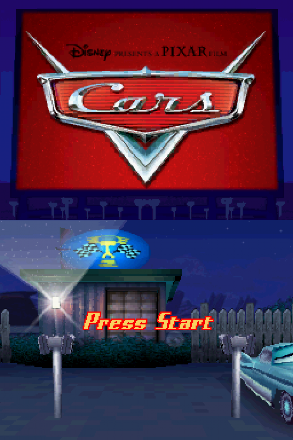Disney Pixar Cars start screen for Nintendo DS (DS) racing adventure video game