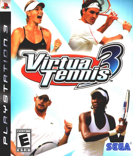 Virtua Tennis 3 PlayStation 3 sports simulation video game Sega arcade tennis real world pros Roger Federer Rafael Nadal Maria Sharapova World Tour career mode training mini-games court games doubles online multiplayer 1080p HD graphics front cover