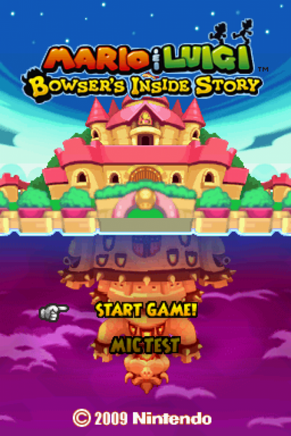 Mario & Luigi: Bowser's Inside Story start screen for Nintendo DS (DS) RPG adventure video game