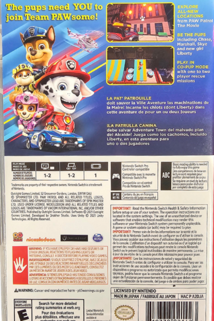PAW Patrol The Movie Adventure City Calls Nintendo Switch NS video game featuring action adventure gameplay Ryder and PAW Patrol pups Adventure City exploration rescue missions platforming challenges puzzle solving collectible treats heroic missions Chase Marshall Skye and friends family friendly gameplay colorful environments and classic Nintendo Switch gaming retro video game collection collectible gaming appeal back cover art