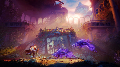Trine 4 Nintendo Switch inspired design featuring fantasy puzzle platform adventure aesthetic magical heroes cooperative gameplay enchanting worlds physics based challenges vibrant storybook environments whimsical action exploration presentation gameplay