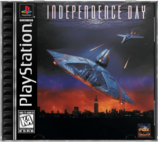 Independence Day PlayStation 1 PS1 third-person action flight combat video game based on the 1996 film alien invasion scenario aircraft dogfighting missions piloting F/A-18 Hornet AV-8B Harrier cover art 