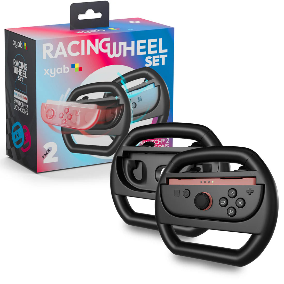 XYAB brand 2-pack racing wheel set for Nintendo Switch 2 Joy-Con controllers designed for enhanced comfort and realistic racing gameplay