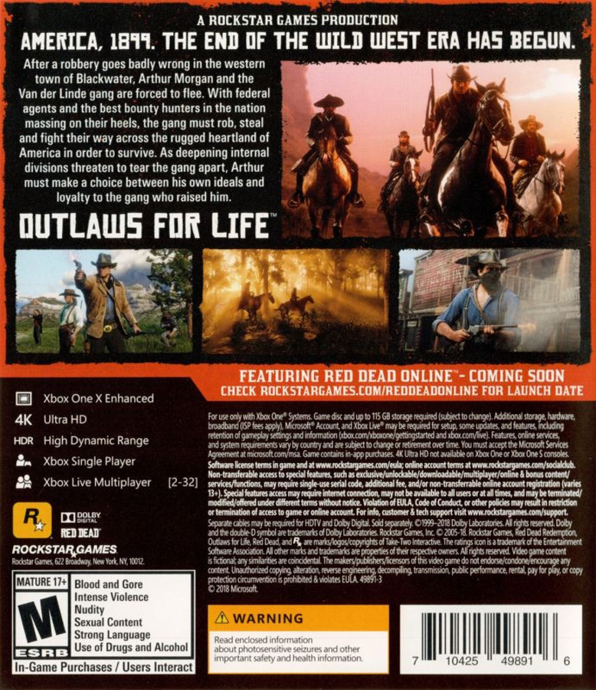 Red Dead Redemption 2 – Xbox One (XONE) back of case for open-world action-adventure video game