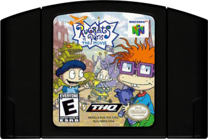 Rugrats in Paris The Movie cartridge for the Nintendo 64 featuring 3D platforming adventure gameplay with mini games as Tommy Chuckie and friends explore a colorful Paris theme park based on the animated movie cartridge