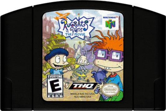 Rugrats in Paris The Movie cartridge for the Nintendo 64 featuring 3D platforming adventure gameplay with mini games as Tommy Chuckie and friends explore a colorful Paris theme park based on the animated movie cartridge