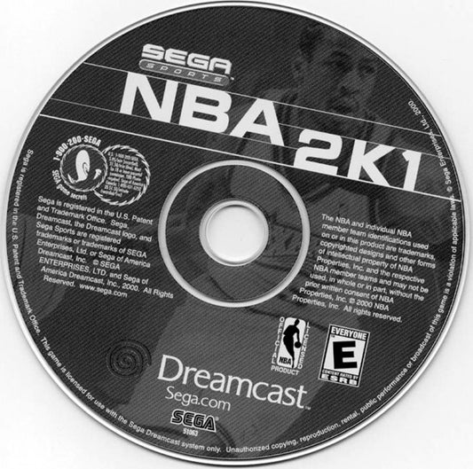 NBA 2K1 game for the Sega Dreamcast featuring realistic basketball simulation gameplay with improved graphics online multiplayer via SegaNet franchise mode and full NBA rosters with detailed player animations disc 