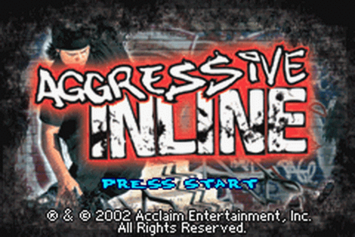Aggressive Inline for Game Boy Advance (GBA), title screen for a retro video game featuring inline skating gameplay, trick-based challenges, extreme sports action, competitive races, and arcade-style stunt mechanics
