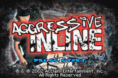 Aggressive Inline for Game Boy Advance (GBA), title screen for a retro video game featuring inline skating gameplay, trick-based challenges, extreme sports action, competitive races, and arcade-style stunt mechanics