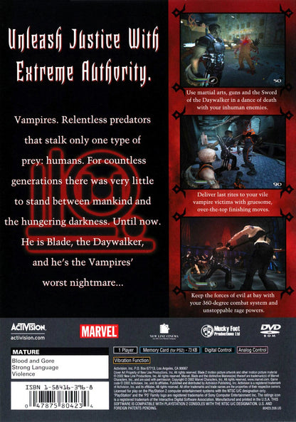 Blade II for PlayStation 2 with vampire-themed action combat focus back cover art