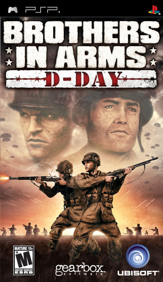 Brothers in Arms D-Day for PlayStation Portable, cover image for a tactical first-person shooter video game with World War II combat, squad-based gameplay, mission objectives, and military strategy