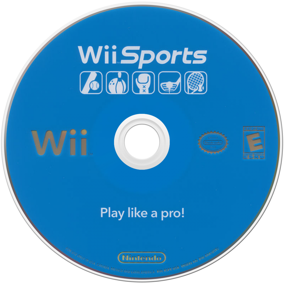 Wii Sports disc art for Nintendo Wii (Wii) featuring motion‑controlled gameplay with tennis, bowling, baseball, golf, and boxing in a fun, family‑friendly sports collection.
