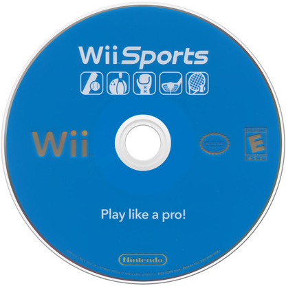 Wii Sports disc art for Nintendo Wii (Wii) featuring motion‑controlled gameplay with tennis, bowling, baseball, golf, and boxing in a fun, family‑friendly sports collection.