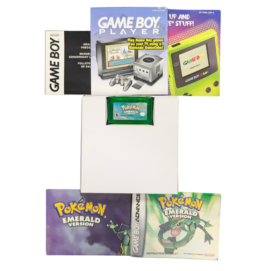 Pokemon Emerald CIB Game Boy Advance GBA RPG adventure game featuring Hoenn region exploration turn based battles Pokemon catching training legendary Rayquaza Battle Frontier complete in box collectible retro video game collection gaming appeal manuals and inserts