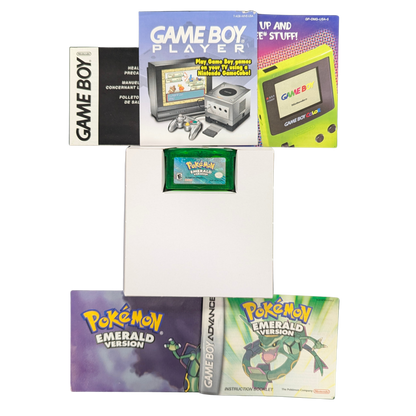 Pokemon Emerald CIB Game Boy Advance GBA RPG adventure game featuring Hoenn region exploration turn based battles Pokemon catching training legendary Rayquaza Battle Frontier complete in box collectible retro video game collection gaming appeal manuals and inserts