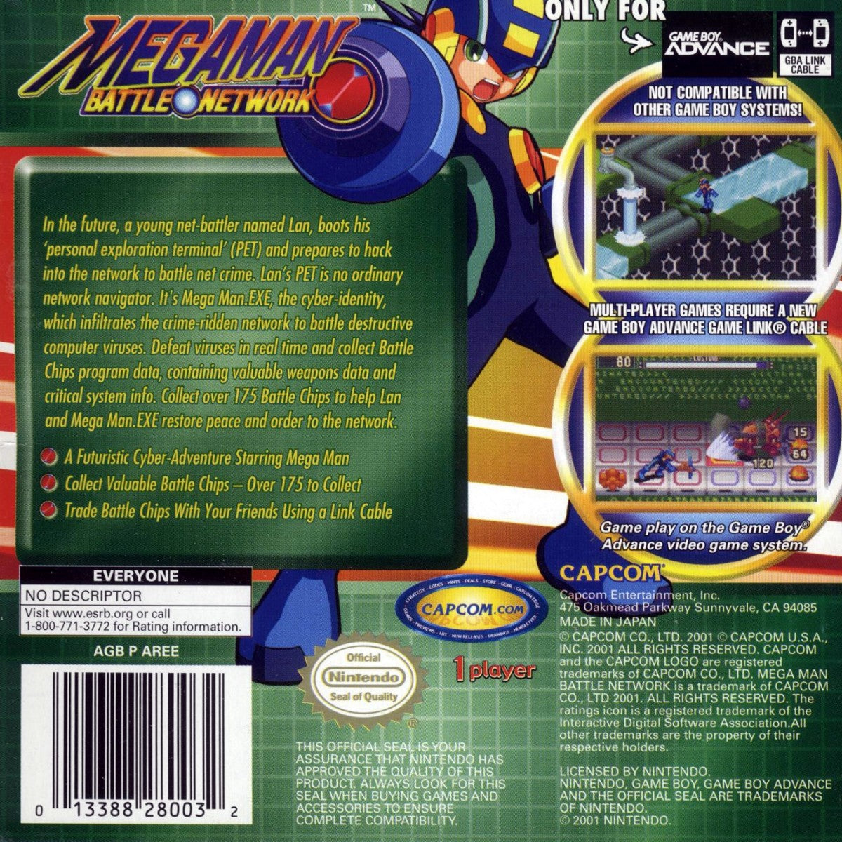 Mega Man Battle Network back cover art for Game Boy Advance (GBA) adventure video game. 