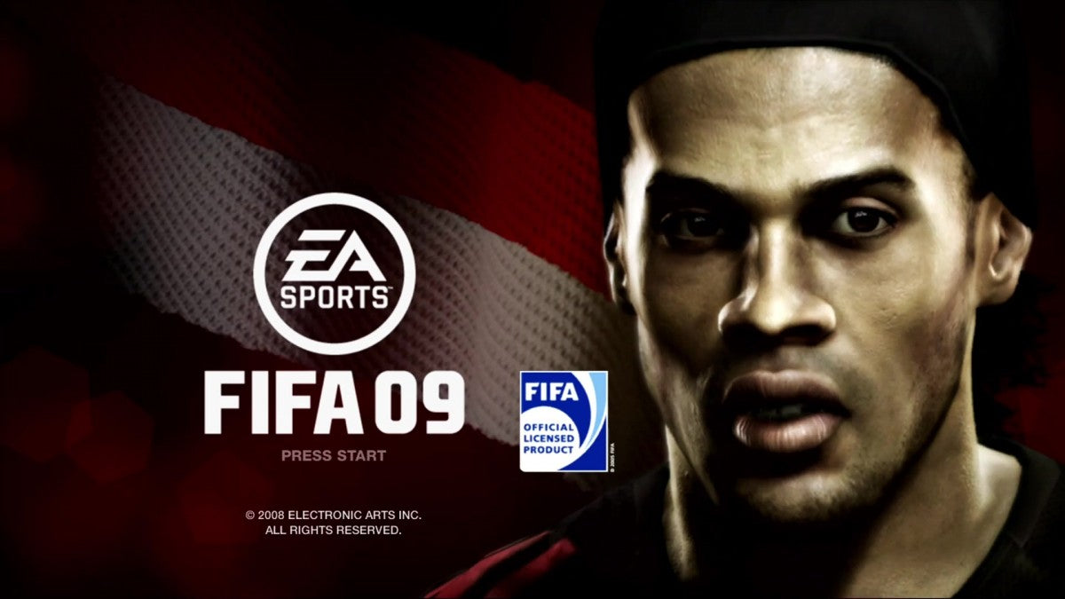FIFA Soccer 09 start screen for Xbox 360 (X360) sports soccer video game
