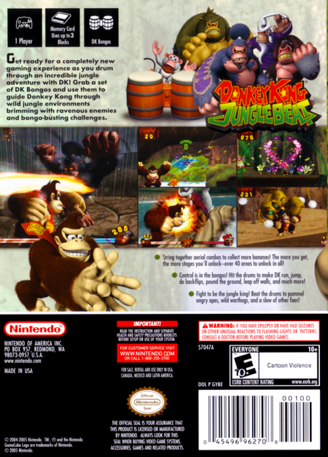 Donkey Kong Jungle Beat back cover art for  GameCube (GC) game featuring rhythm-based platforming action using bongo controller gameplay 