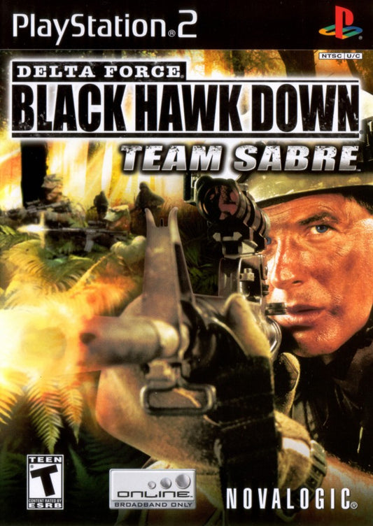 Delta Force Black Hawk Down Team Sabre PlayStation 2 PS2 for tactical military shooter video game fans featuring special forces combat missions realistic weapons squad based strategy desert warfare environments stealth operations multiplayer battles intense modern military action collectible gaming appeal front cover art