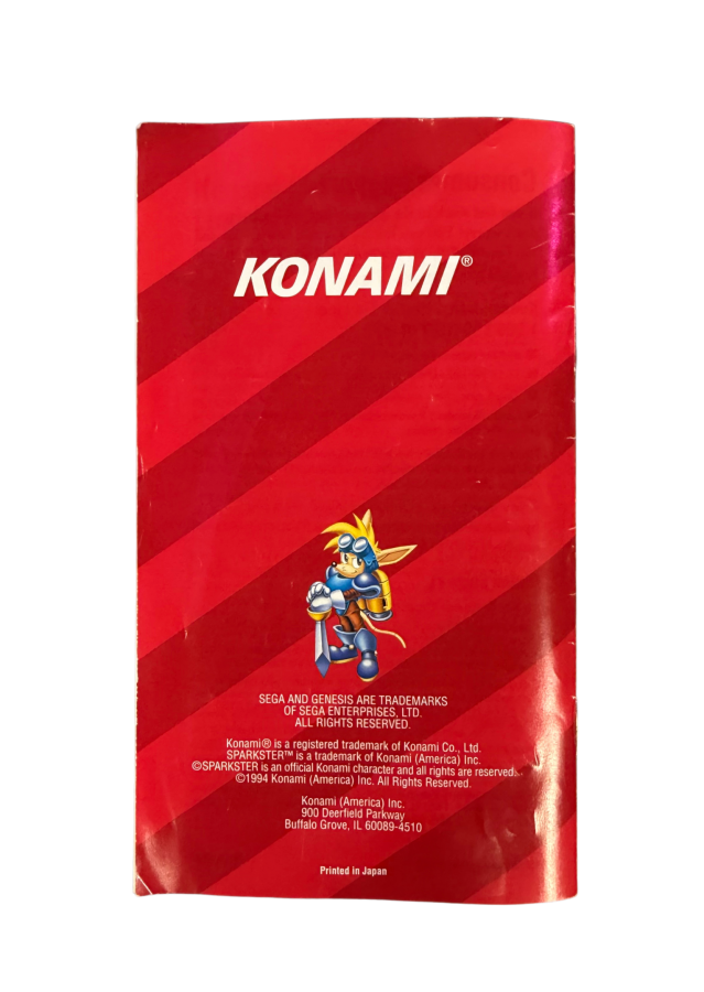 Sparkster Sega Genesis for retro video game enthusiasts featuring side scrolling action platforming gameplay rocket powered knight adventures fast paced combat colorful fantasy worlds challenging boss battles classic 16 bit gaming and collectible gaming appeal back of manual
