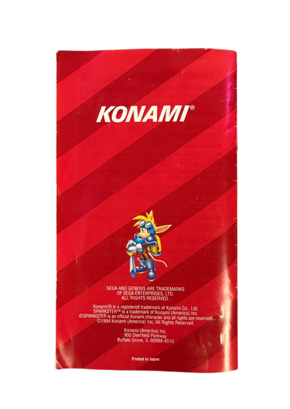 Sparkster Sega Genesis for retro video game enthusiasts featuring side scrolling action platforming gameplay rocket powered knight adventures fast paced combat colorful fantasy worlds challenging boss battles classic 16 bit gaming and collectible gaming appeal back of manual