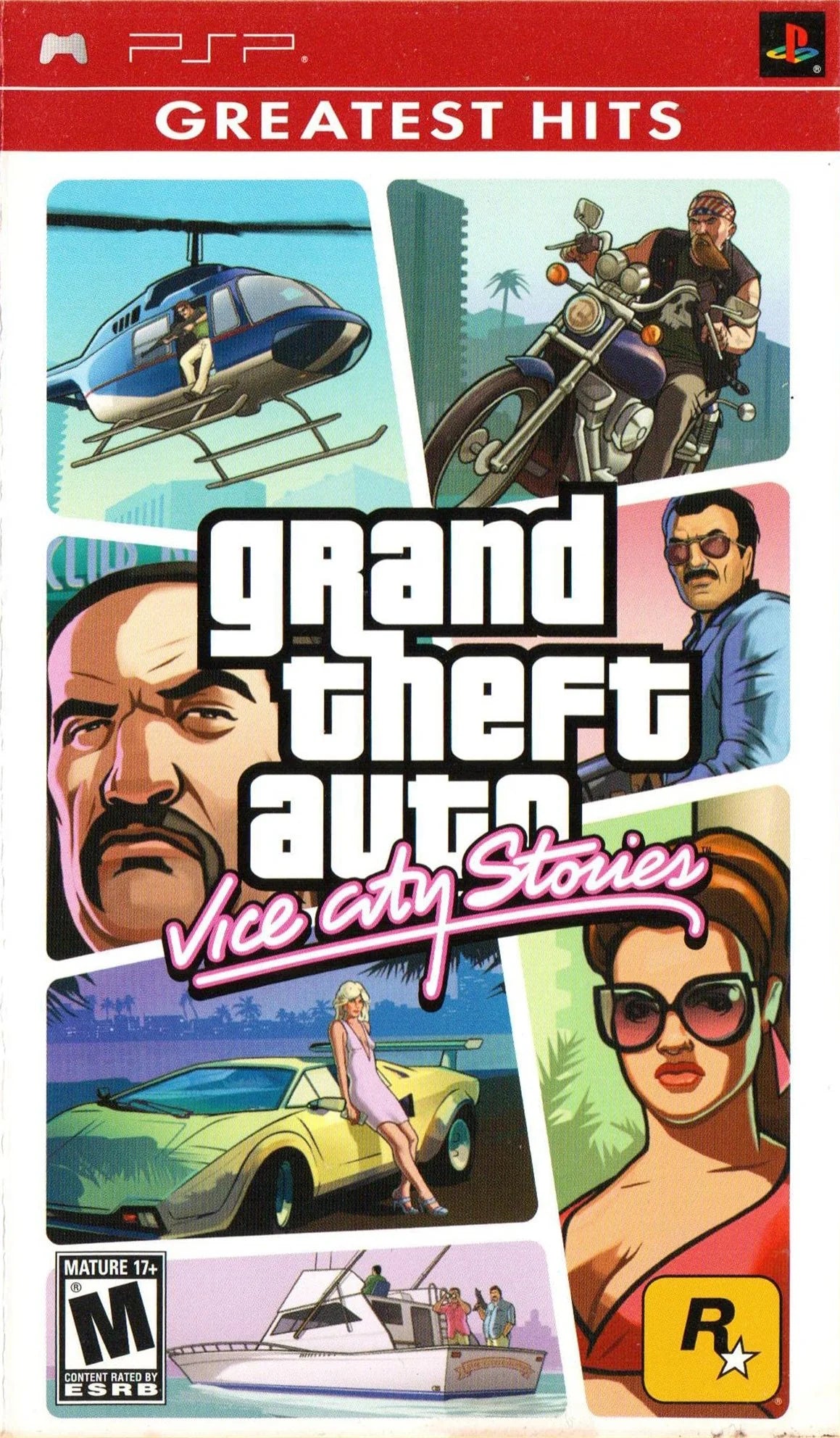 Grand Theft Auto Vice City Stories Greatest Hits PSP inspired design featuring open world crime adventure aesthetic neon soaked city streets criminal empire building action packed missions 1980s inspired atmosphere cinematic Rockstar gameplay handheld gaming presentation front cover