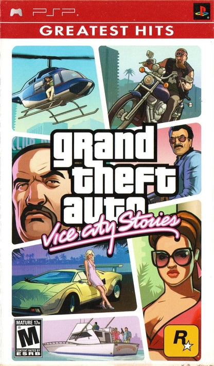 Grand Theft Auto Vice City Stories Greatest Hits PSP inspired design featuring open world crime adventure aesthetic neon soaked city streets criminal empire building action packed missions 1980s inspired atmosphere cinematic Rockstar gameplay handheld gaming presentation front cover