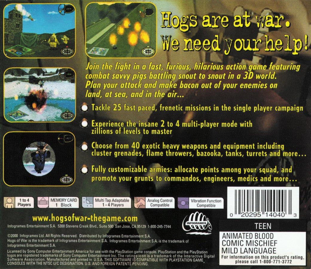 Hogs of War PlayStation PS1 for turn based strategy video game fans featuring tactical artillery combat humorous warfare cartoon style characters multiplayer battles strategic planning destructible environments challenging missions classic strategy gameplay collectible gaming appeal back cover