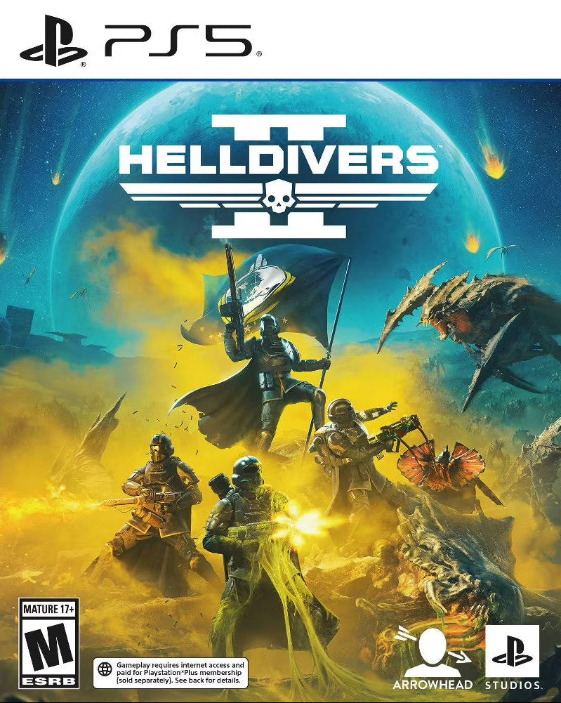 Helldivers II for PlayStation 5 (PS5) at Gamers INC, featuring intense squad-based third-person shooter action where you join the elite Helldivers to spread managed democracy across the galaxy, with chaotic co-op combat, devastating orbital strikes, and a constantly evolving galactic war that reacts to every mission you complete front cover