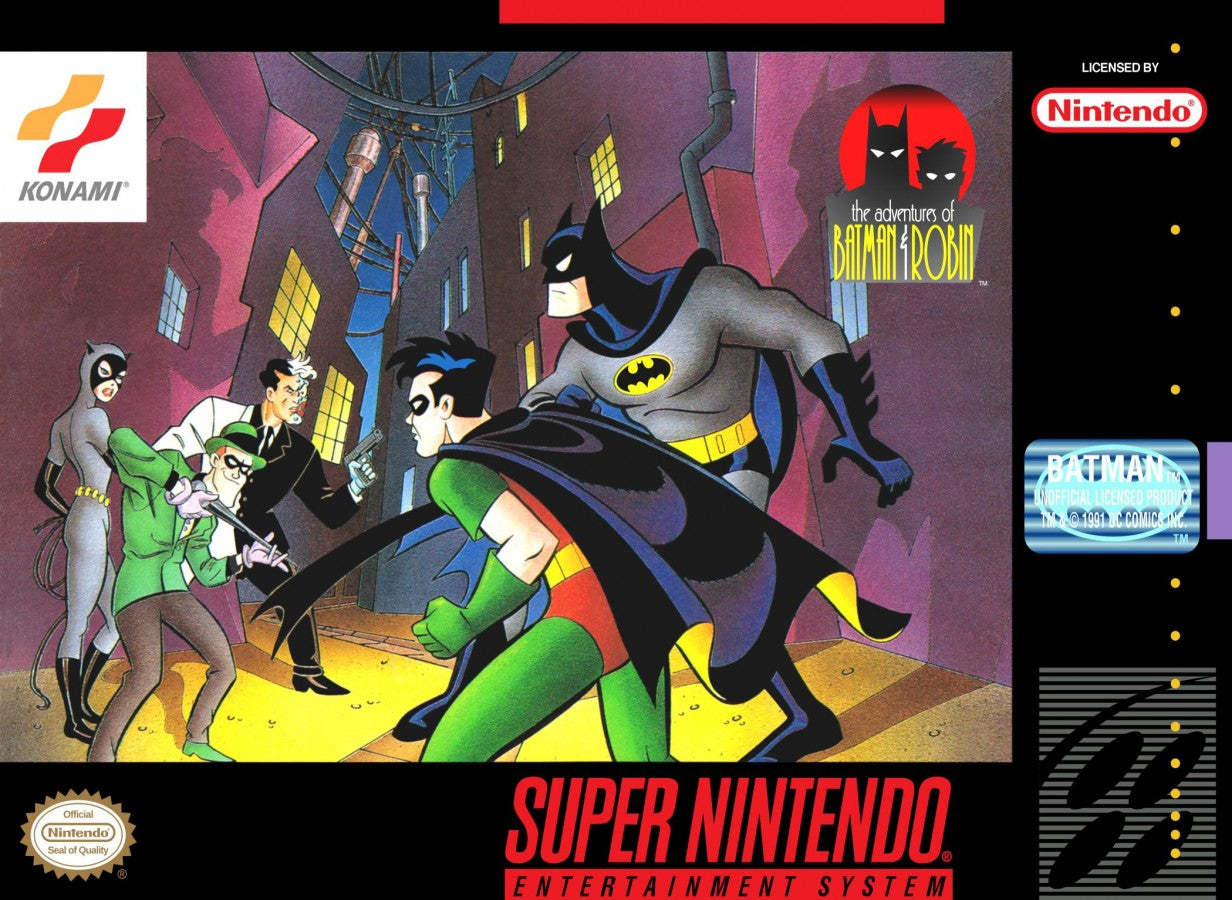 The Adventures of Batman and Robin for Super Nintendo action platformer featuring Batman and Robin battling villains from the animated series with gadgets combat and side scrolling gameplay cover art